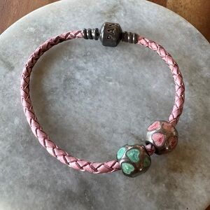 Pandora Moments Pink Braided Leather Bracelet with 2 Heart Charms